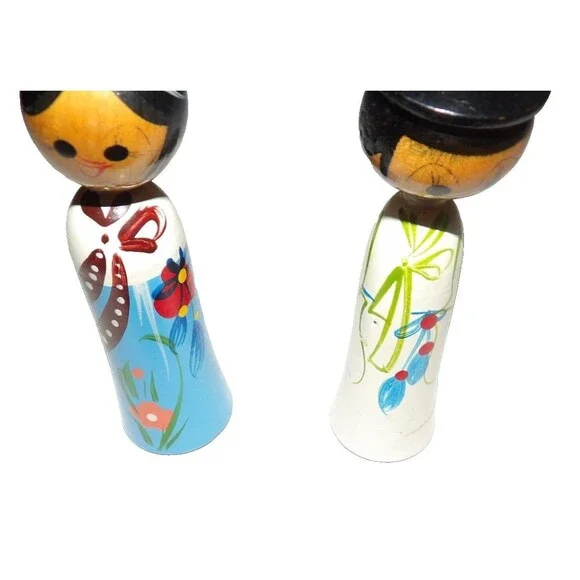 Korean Wooden Kokeshi Dolls Wedding Bride Groom Bobble Head Vintage Blue White - Picture 1 of 8